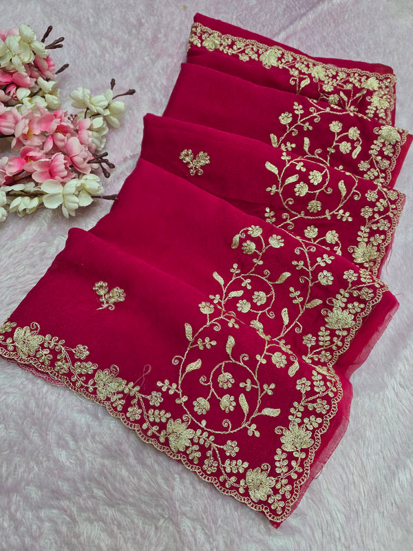 969002 Designer Party Wear Art Silk Fancy Saree with Pita Work - Rani