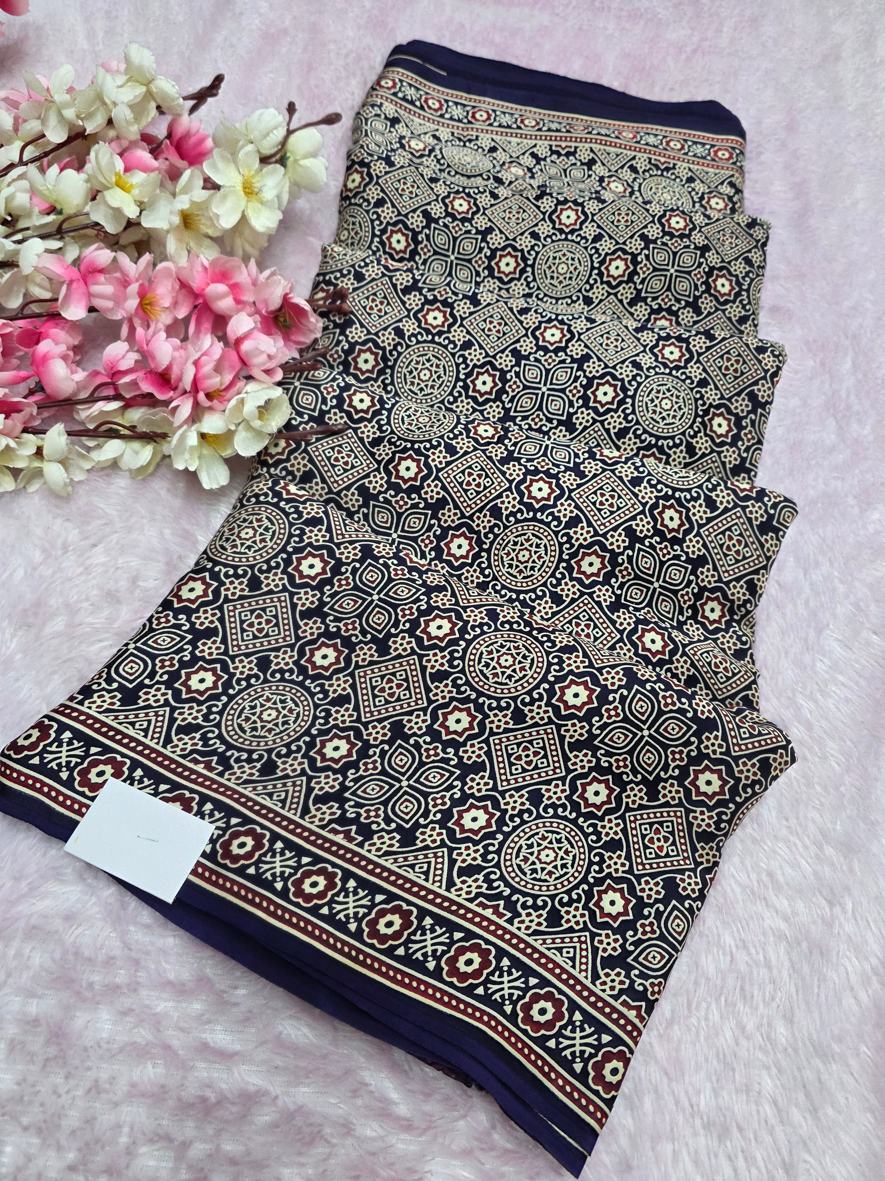 947002 Traditional Ajrakh Print Modal Silk Saree without Zari Pallu