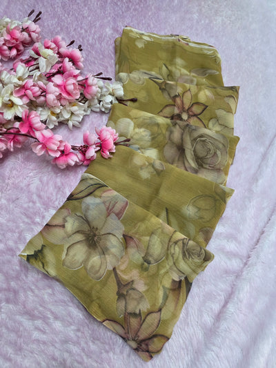 103901 Lightweight Elegant Semi Chiffon Flower Print Saree - Mehandi