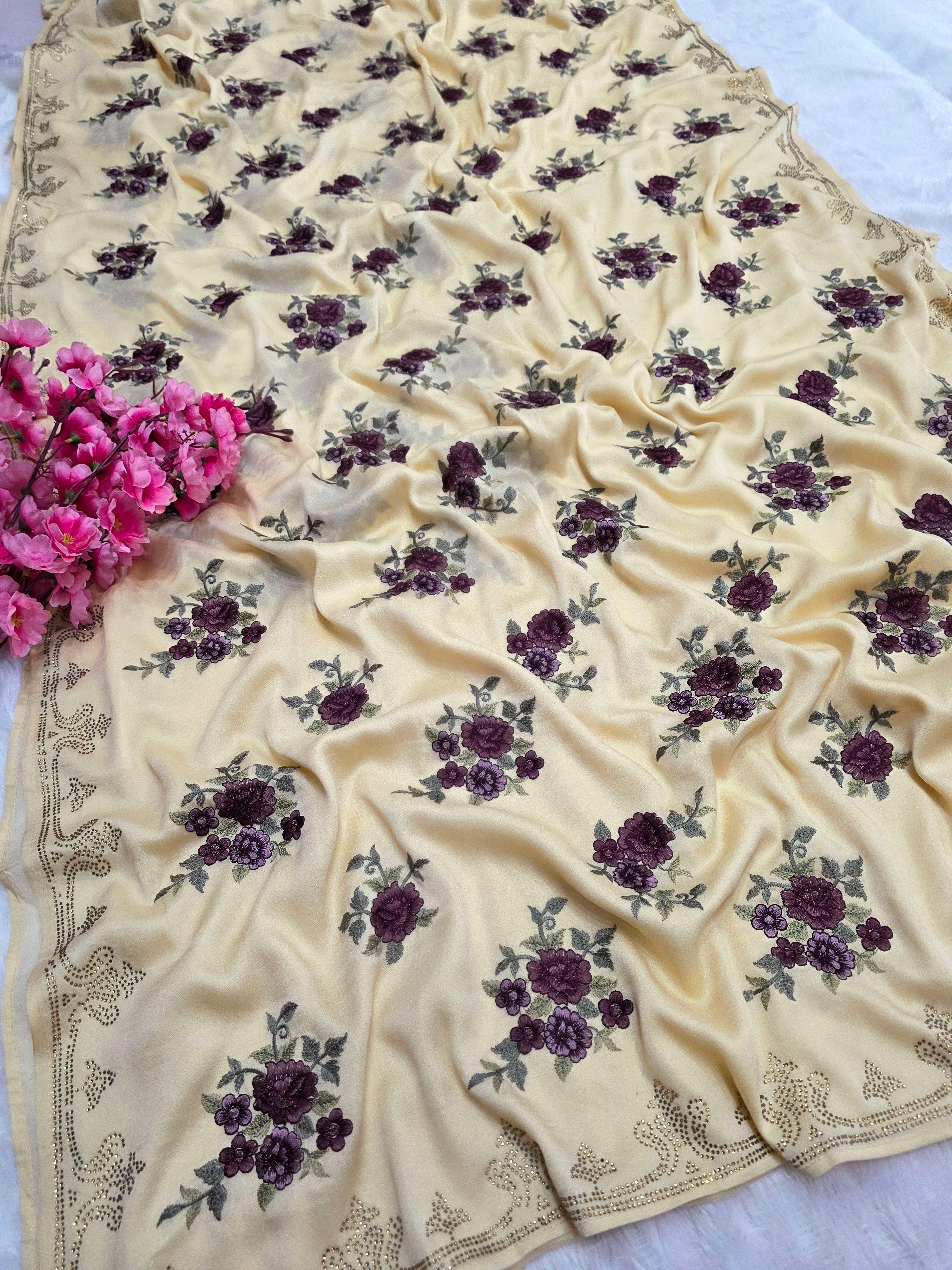 C78004 Exclusive Fancy Pure Crepe Saree with Embroidery and Swarovski Work