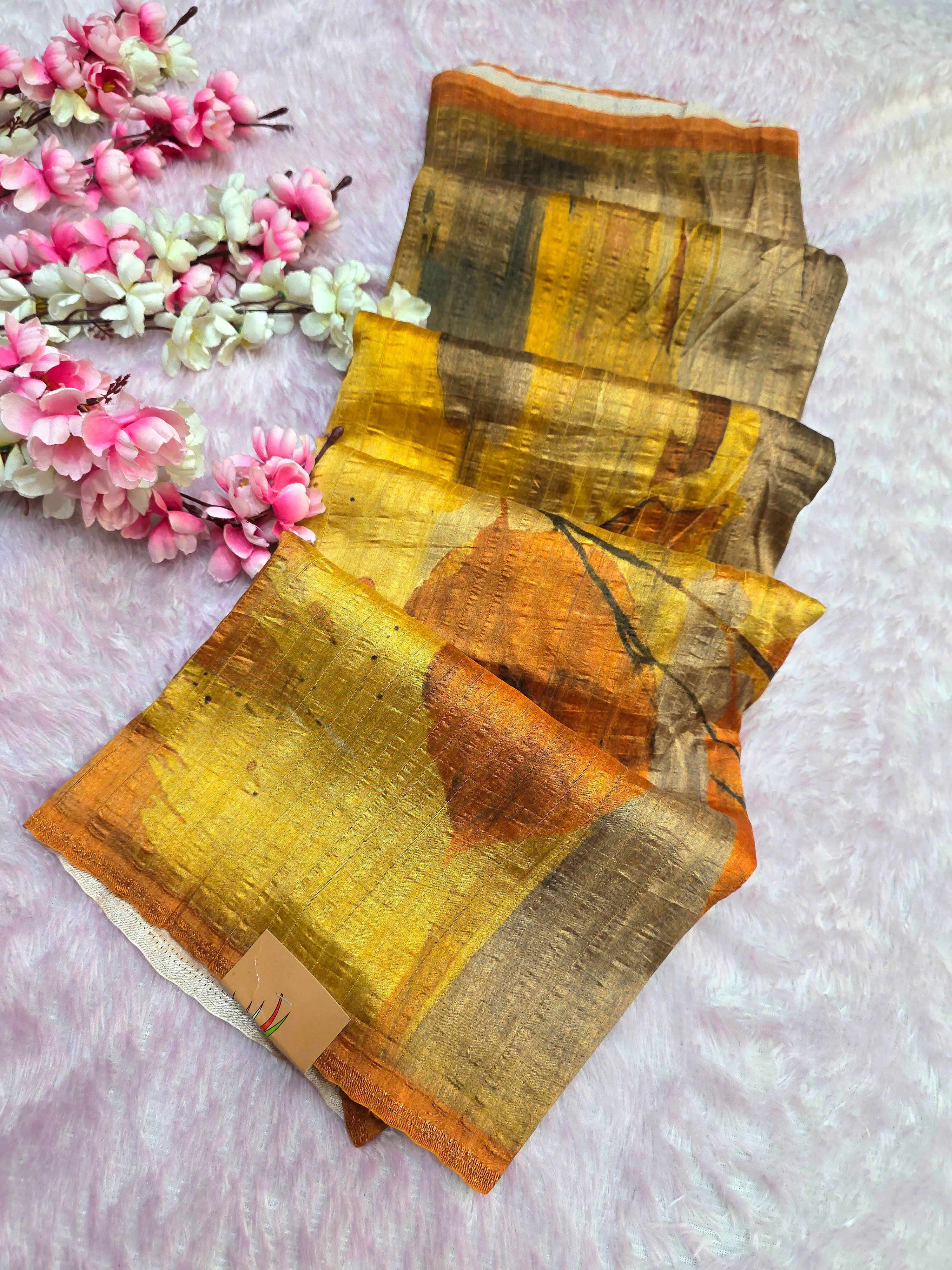 CA0765 Designer Printed Semi Taser Silk Saree - Mustered