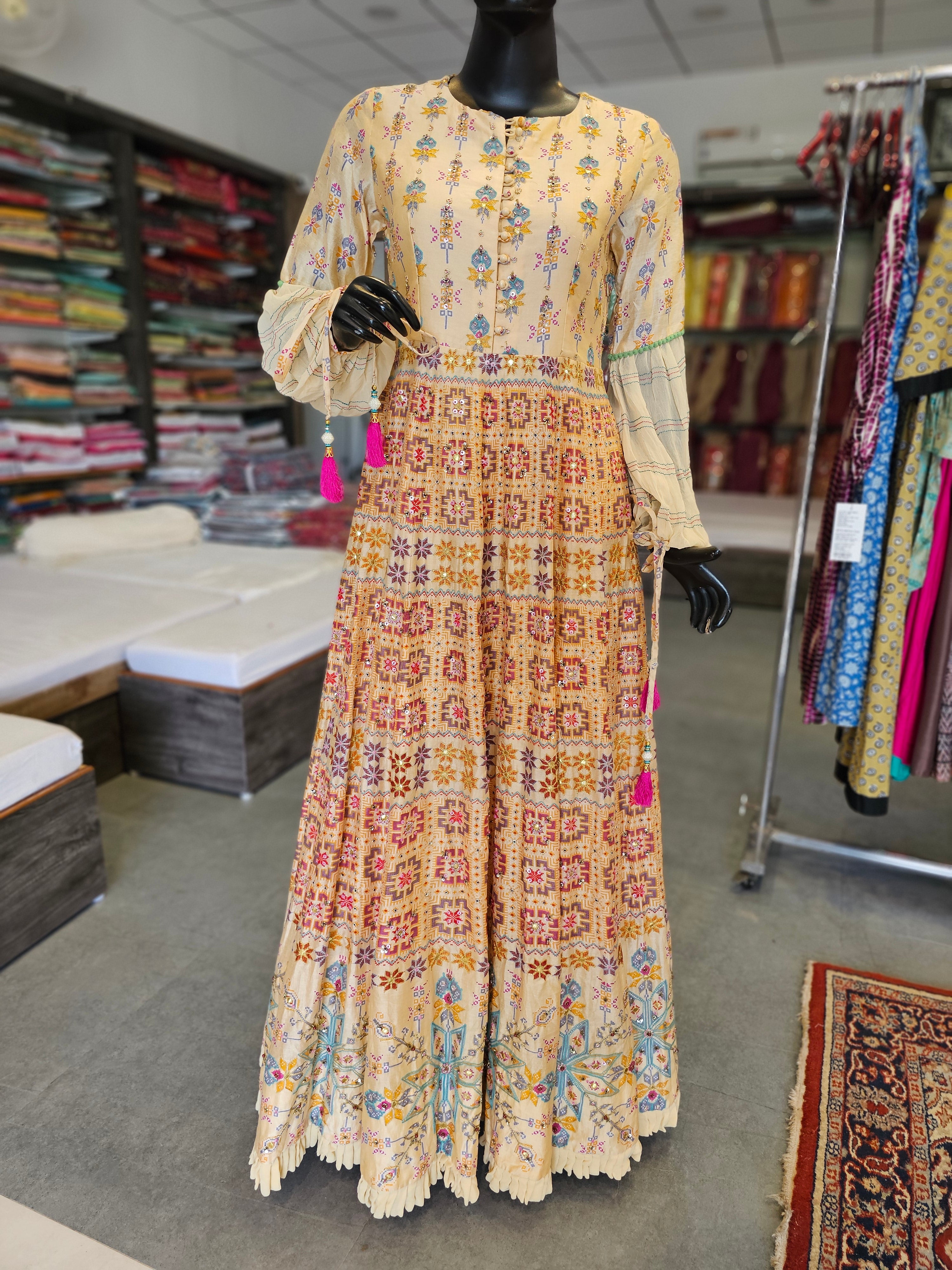 7087 Premium Pure Chanderi Silk  Designer Gown With Hand Detailing