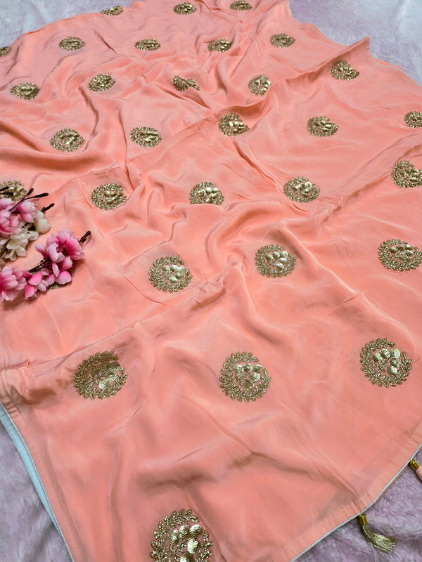 6453 Pure Crepe Silk Designer Saree with Heavy Stitched Blouse