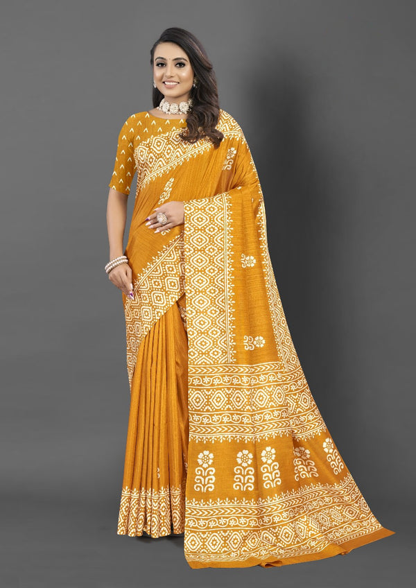 911007 Very Soft and Premium Looking Semi Dola Silk Batik Print Saree - Yellow