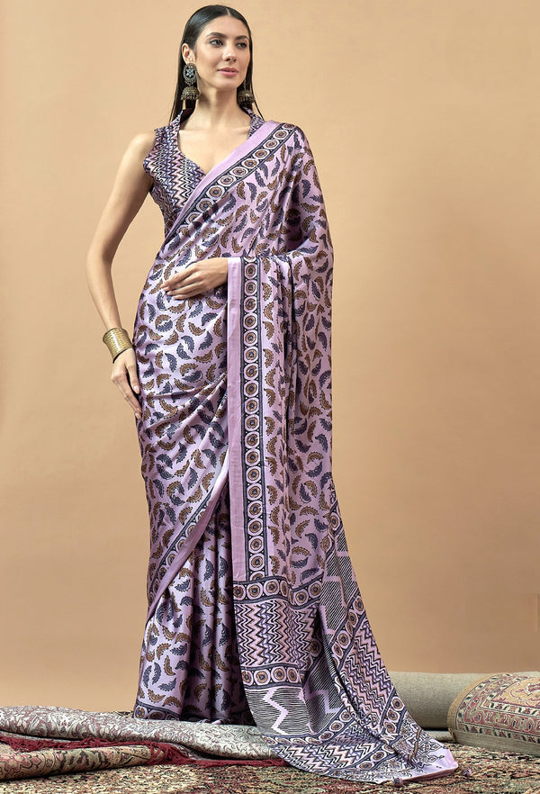 727002 Trending Ajrakh Print Semi Modal Silk Saree