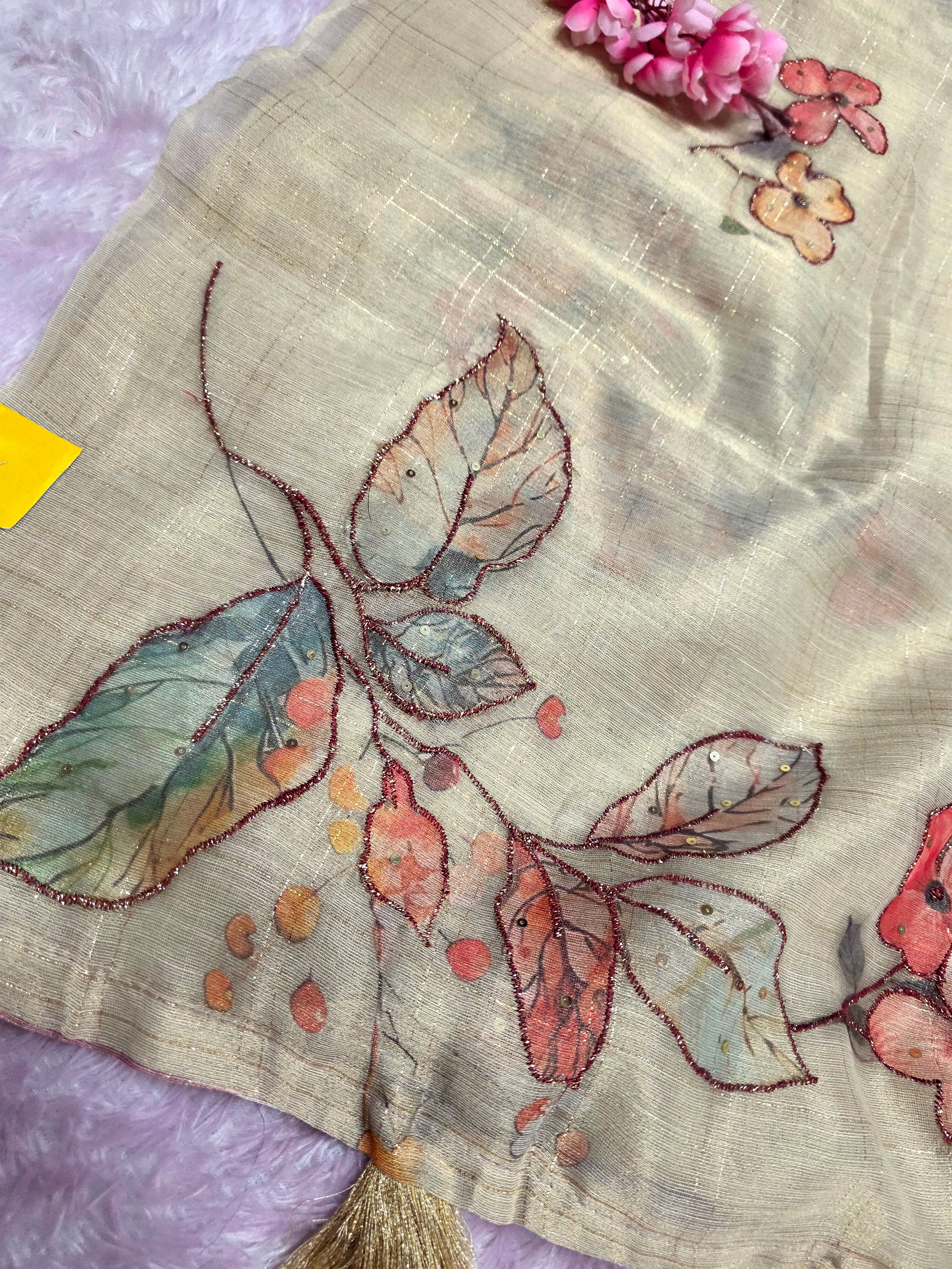 101705 Designer Tissue jute Silk Saree with Rajasthani Hand Aari Tari Work