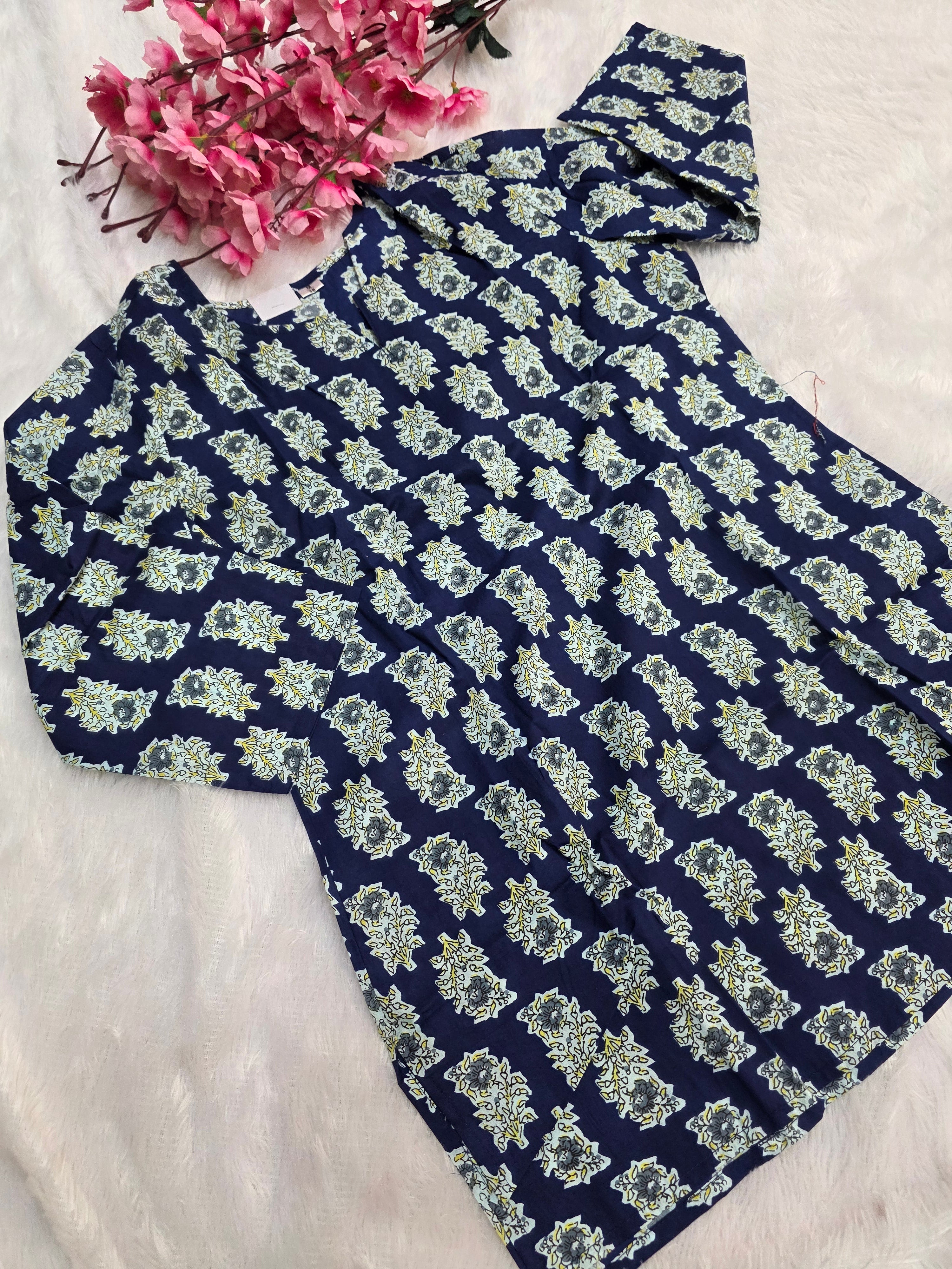 1758 Pure Cotton Hand Block Printed Shot Kurtis (Blue)