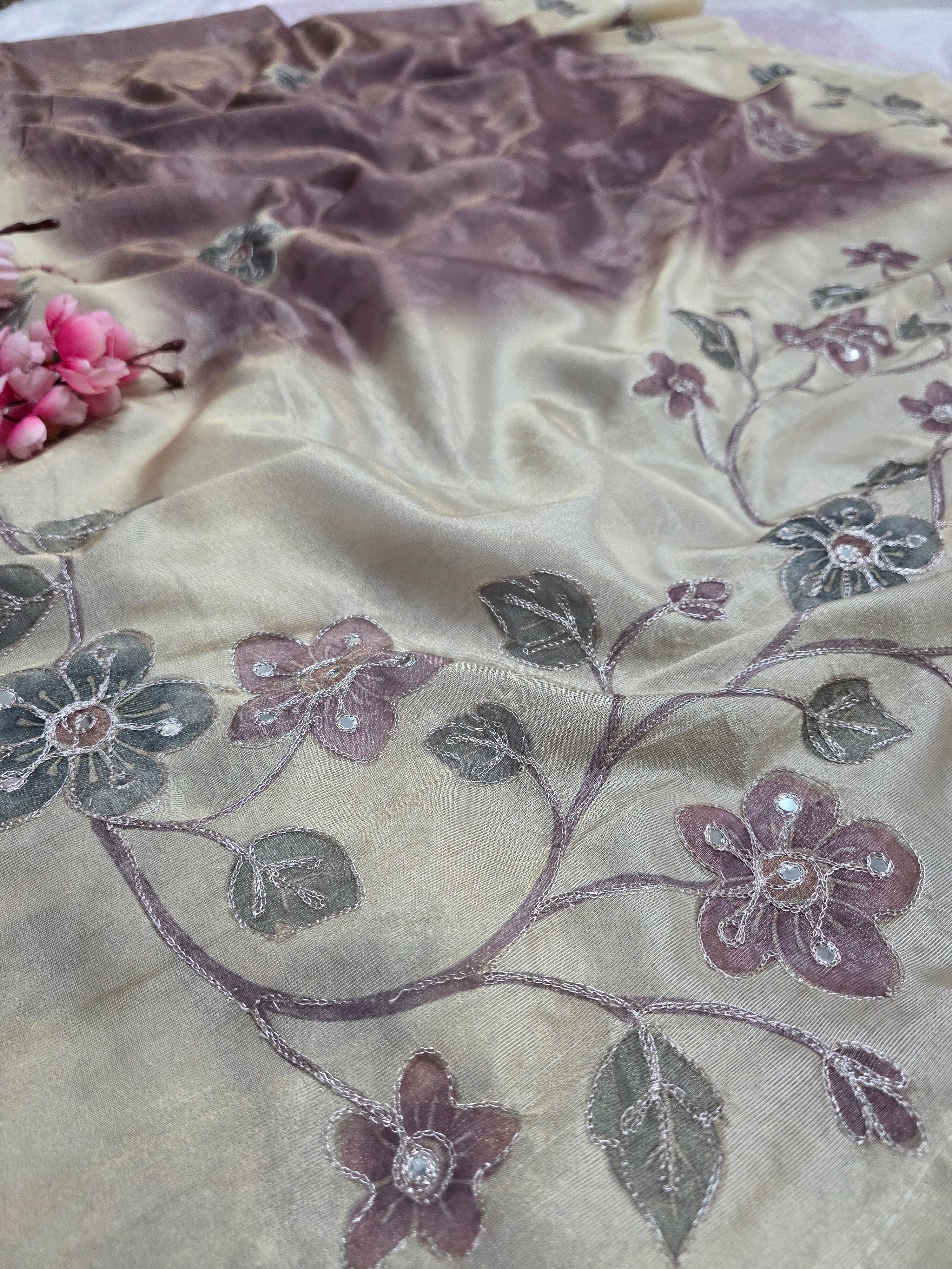 101706 Designer Tissue jute Silk Saree with Rajasthani Hand Aari Tari Work