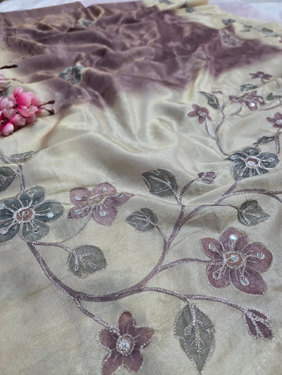 101706 Designer Tissue jute Silk Saree with Rajasthani Hand Aari Tari Work