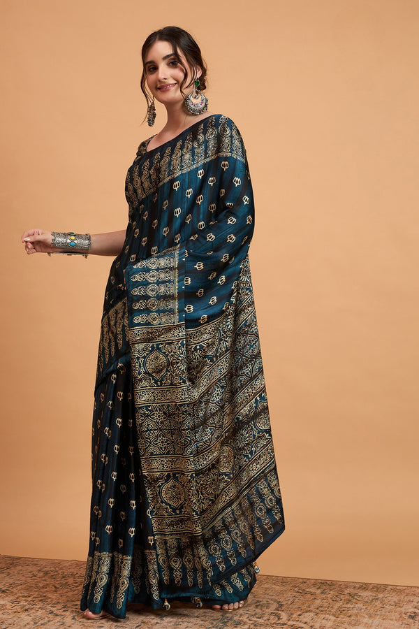 836007 Trending Ajrakh Print Semi Modal Silk Saree - Blue