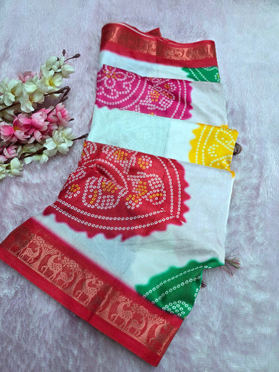 992002 Exclusive Colorful Bandhani Print Dola Silk Saree with Zari Weaving Border