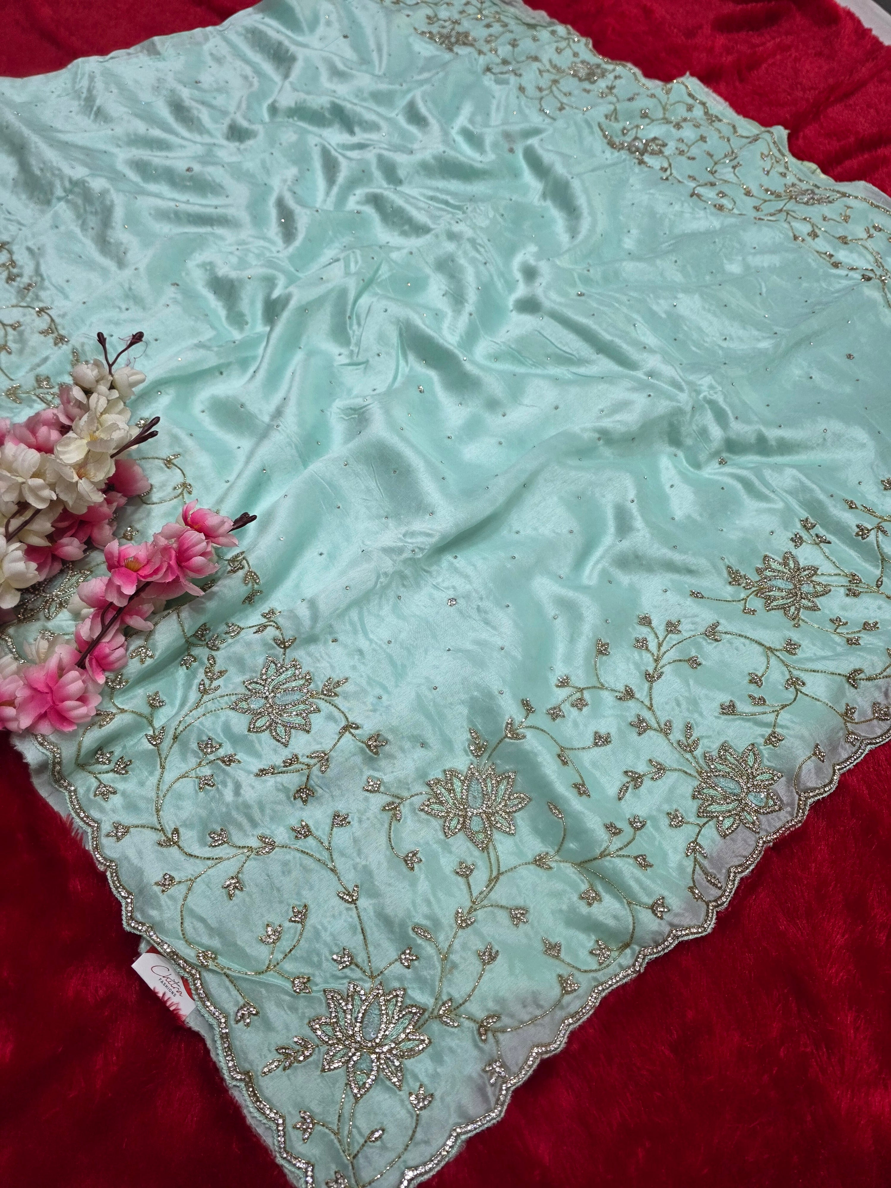 6631 Pure Russian Silk Premium Saree with Very Elegant Hand Cut dana and Zircon Work