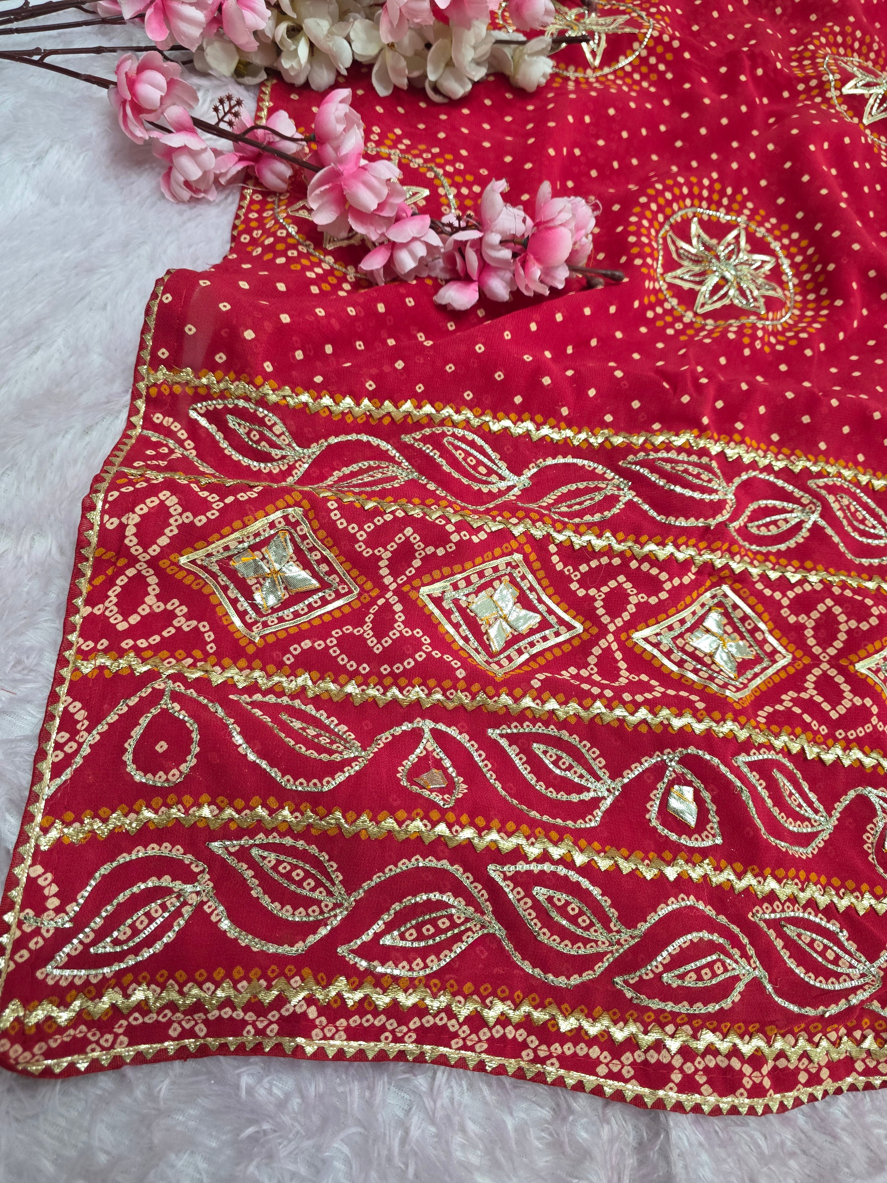 103702 Pure Viscose Georgette Bandhani Saree with Rajasthani Hand Gotapatti Work