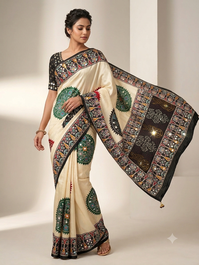 CA0768 Trending Mirror Work Ajrakh Patola Print Semi Modal Silk Saree - Black