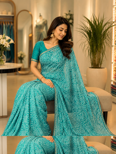 916003 Rajasthani Bandhani with Border - Sky Blue