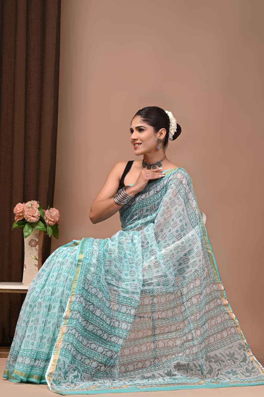 101602 Pure Kota Doriya Hand Printed Saree with Zari Weaving Border