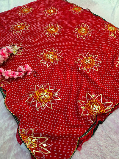 12475 Pure Chiffon Bandhani Saree with Gotapatti Work - Red