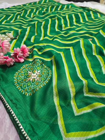 CA0752 Rajasthani Kota Doria Silk Lehariya Saree with Gota Patti Work - Green