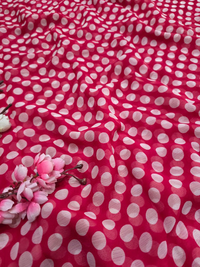 845003 Lightweight Elegant Semi Chiffon Polki Dot Print Saree - Rani