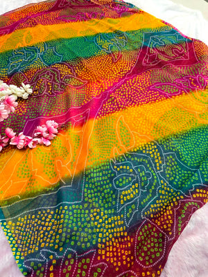 CA1043 Lightweight Elegant Semi Chiffon Bandhani Print Saree - Teal
