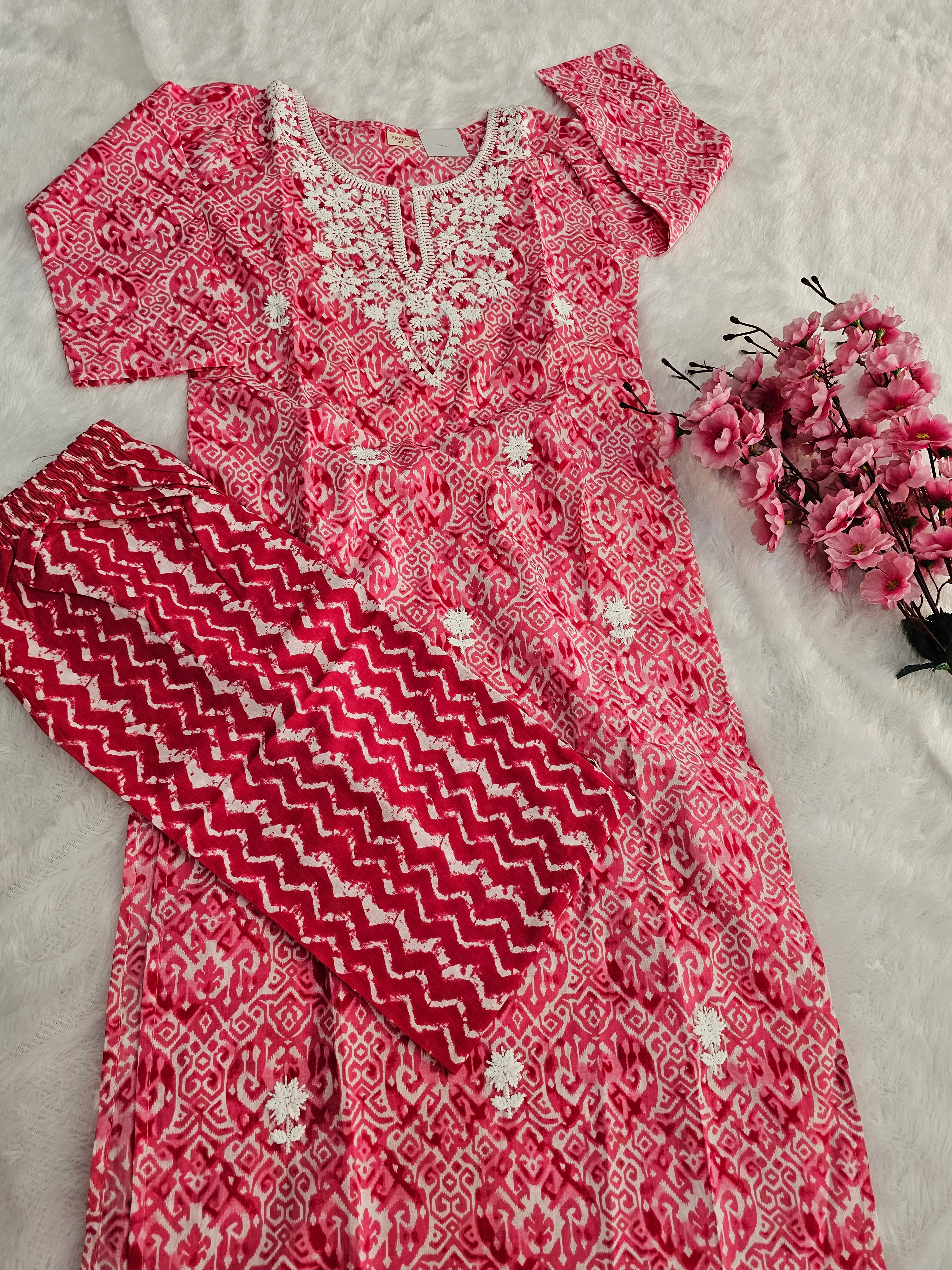 767001 Pink Color Embroidered Pure Cotton Flower Printed Straight Kurti With Pant & Dupatta