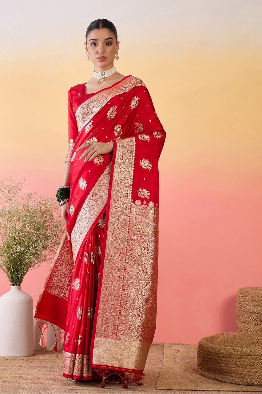 912002 Flower Butta Banarasi Satin Silk Saree - Red