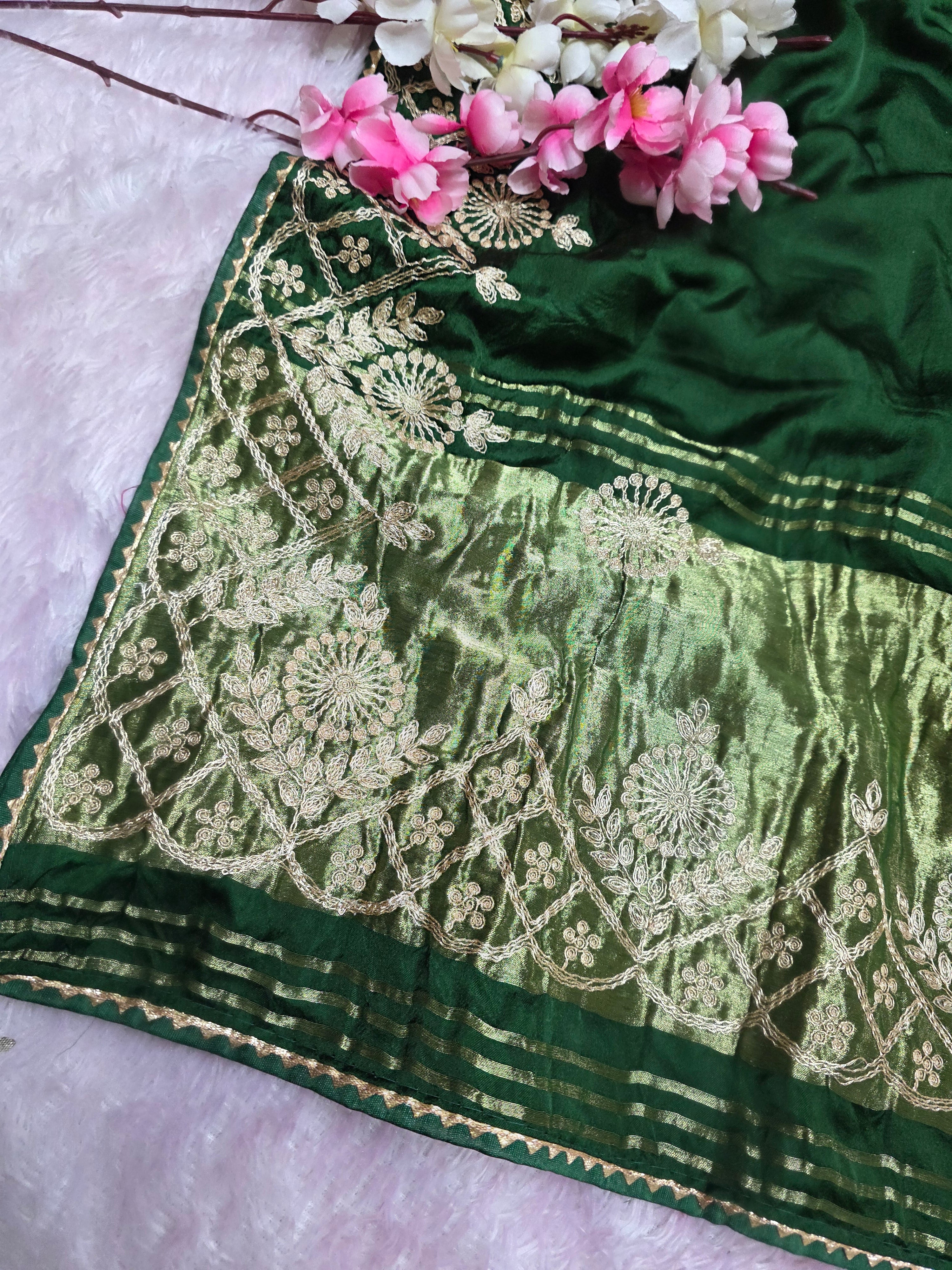 966006 Designer Semi Gajji Silk Pita Work Saree with Lagadi Patta - Green