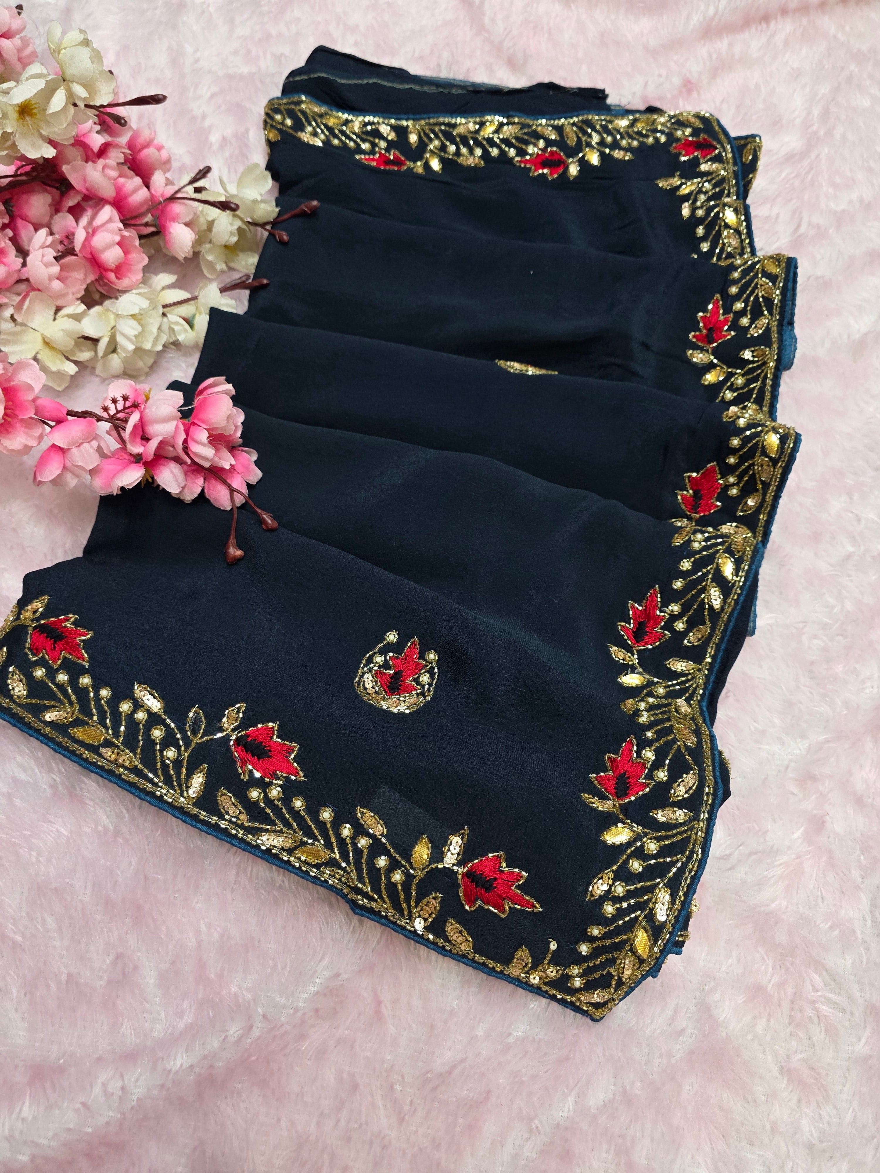 236009 Pure Chinon Silk Blue Saree With Handwork