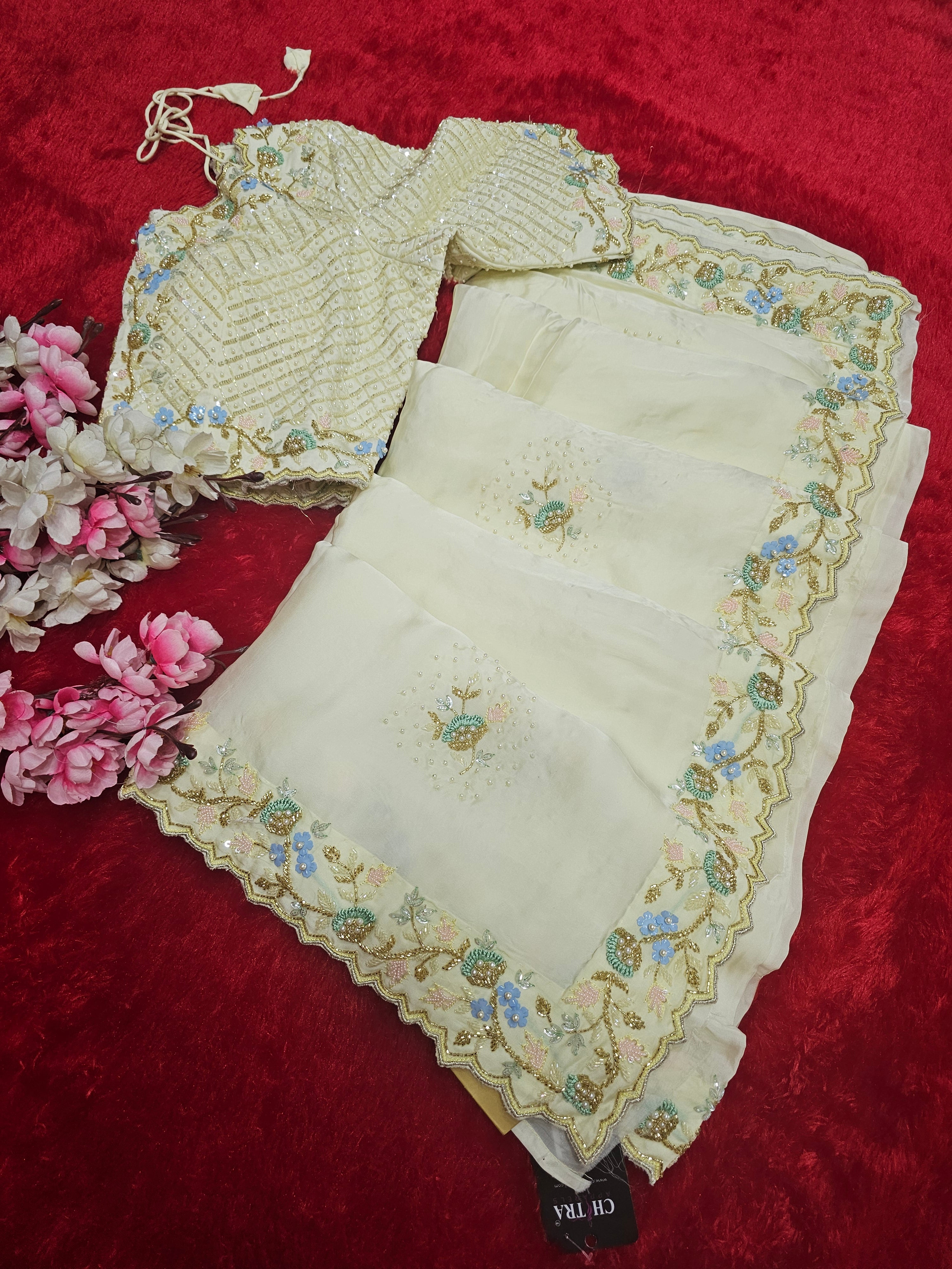 9332 Stylish Exclusive Pure Crepe Silk Hand Work Saree with Stitched Heavy Blouse