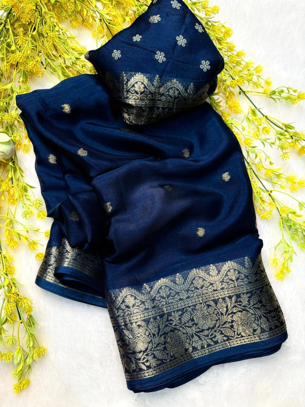 9234 Beautiful Soft Silk Zari Weaving Blue Saree With Printed Pallu