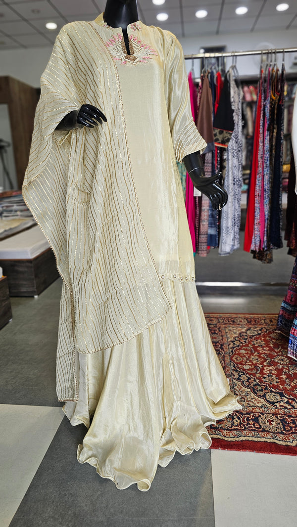 1971 Very Elegant Pure Golden Tissue Silk Party Wear Kurti with Skirt and Organza Dupatta
