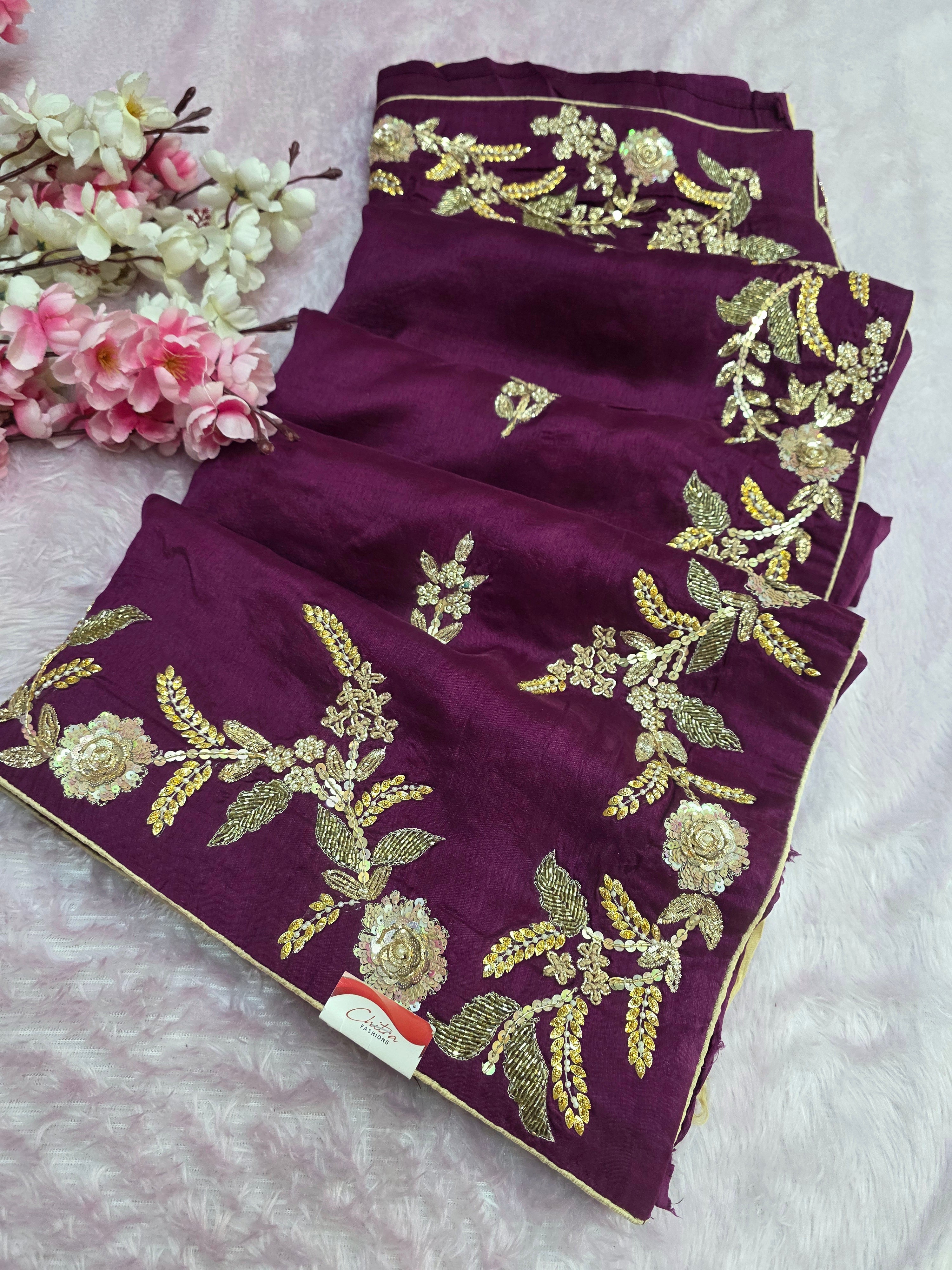 961004 Pure Crepe Silk Beautiful Hand Crafted Designer Premium Wine Saree 5435