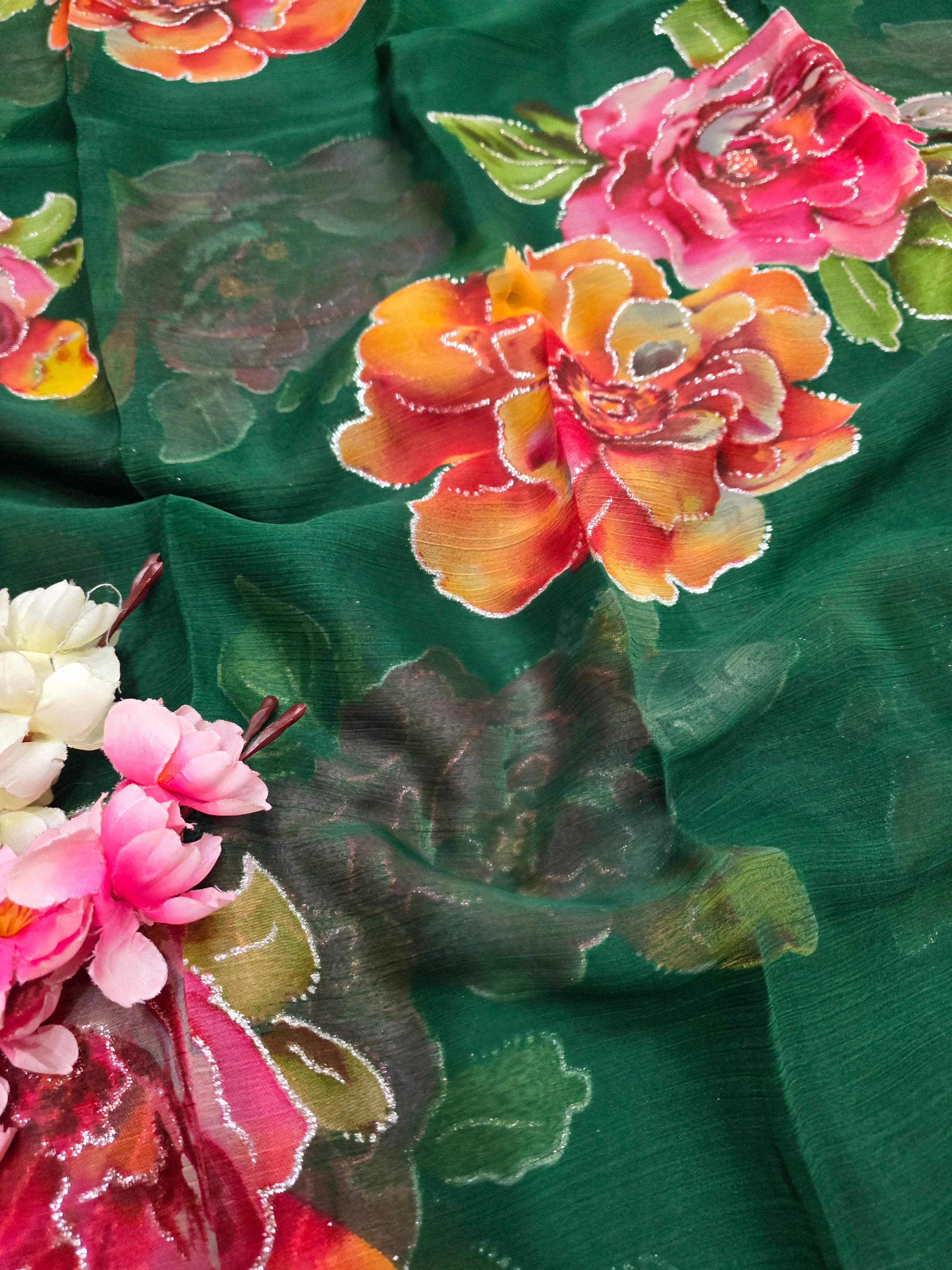 991004 Lightweight Elegant Semi Chiffon Flower Print Saree with Zari Print - Green