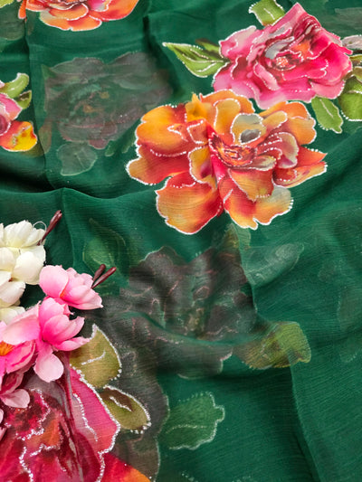 991004 Lightweight Elegant Semi Chiffon Flower Print Saree with Zari Print - Green