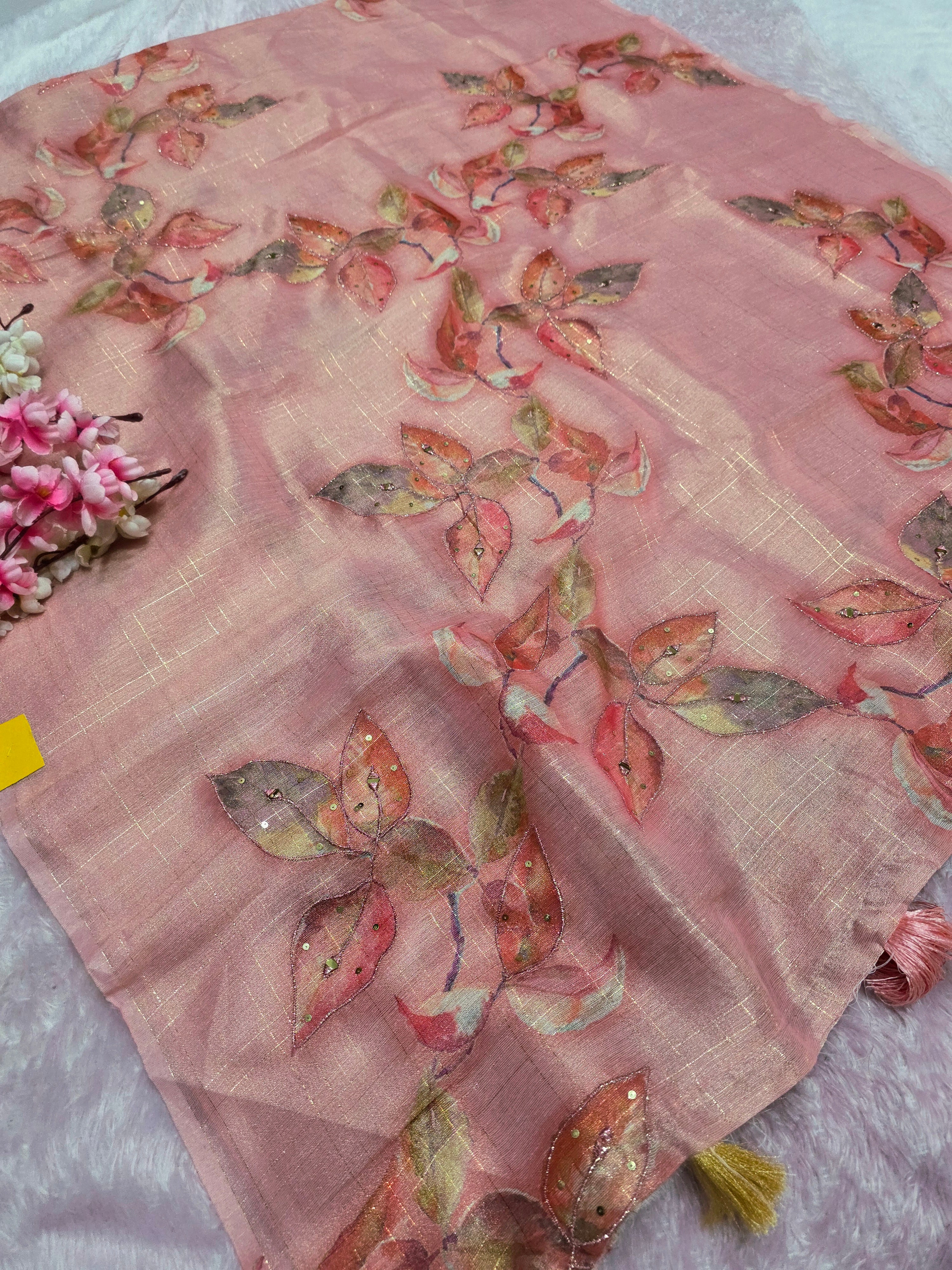 101701 Designer Tissue jute Silk Saree with Rajasthani Hand Aari Tari Work