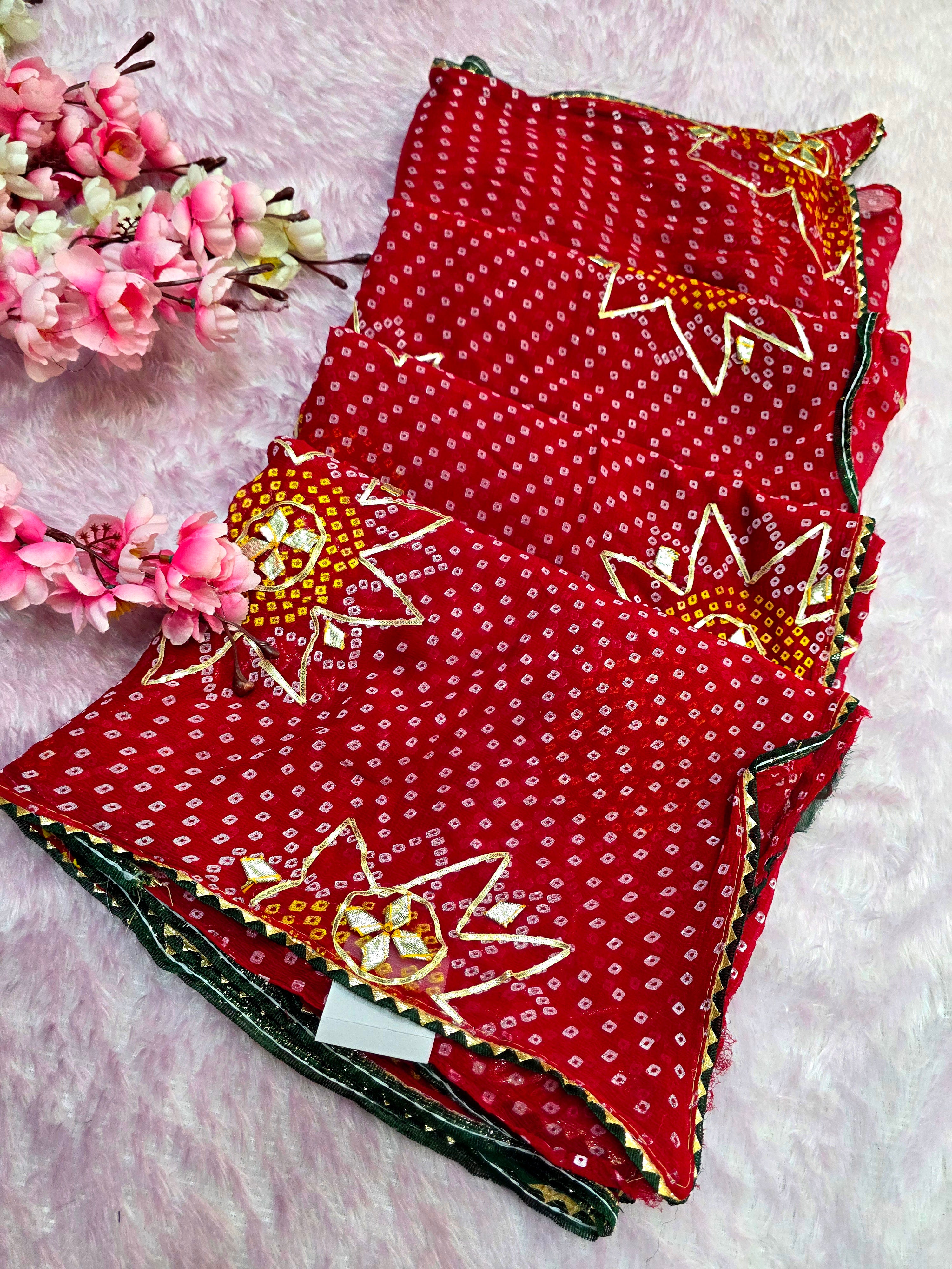 12475 Pure Chiffon Bandhani Saree with Gotapatti Work - Red