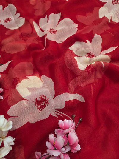 103903 Lightweight Elegant Semi Chiffon Flower Print Saree - Red