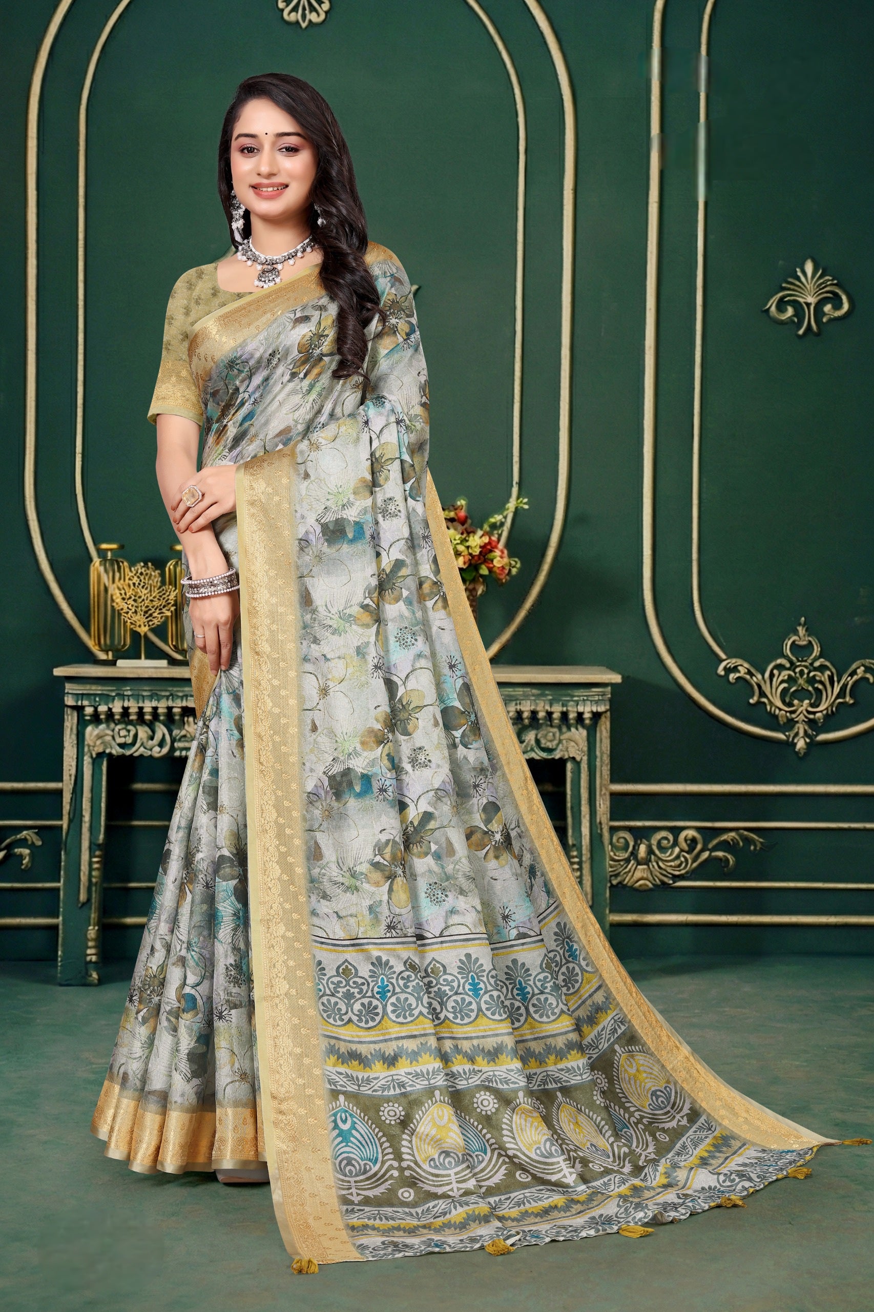 102211 Designer Soft Dola Silk Flower Printed Saree with Zari Weaving Border