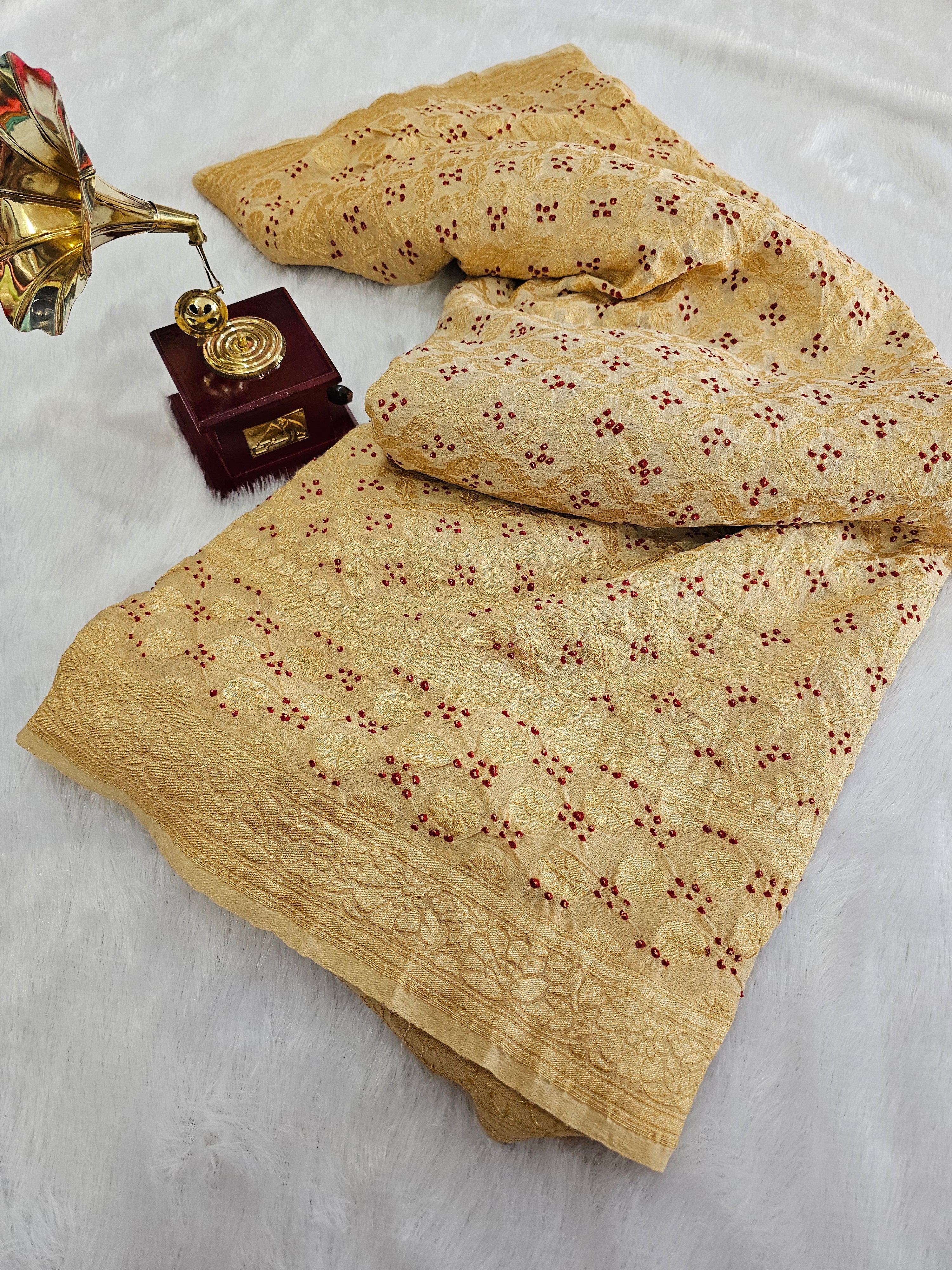 755002 Pure Georgette Cream Color with Red Rai Dana Bandhani Saree