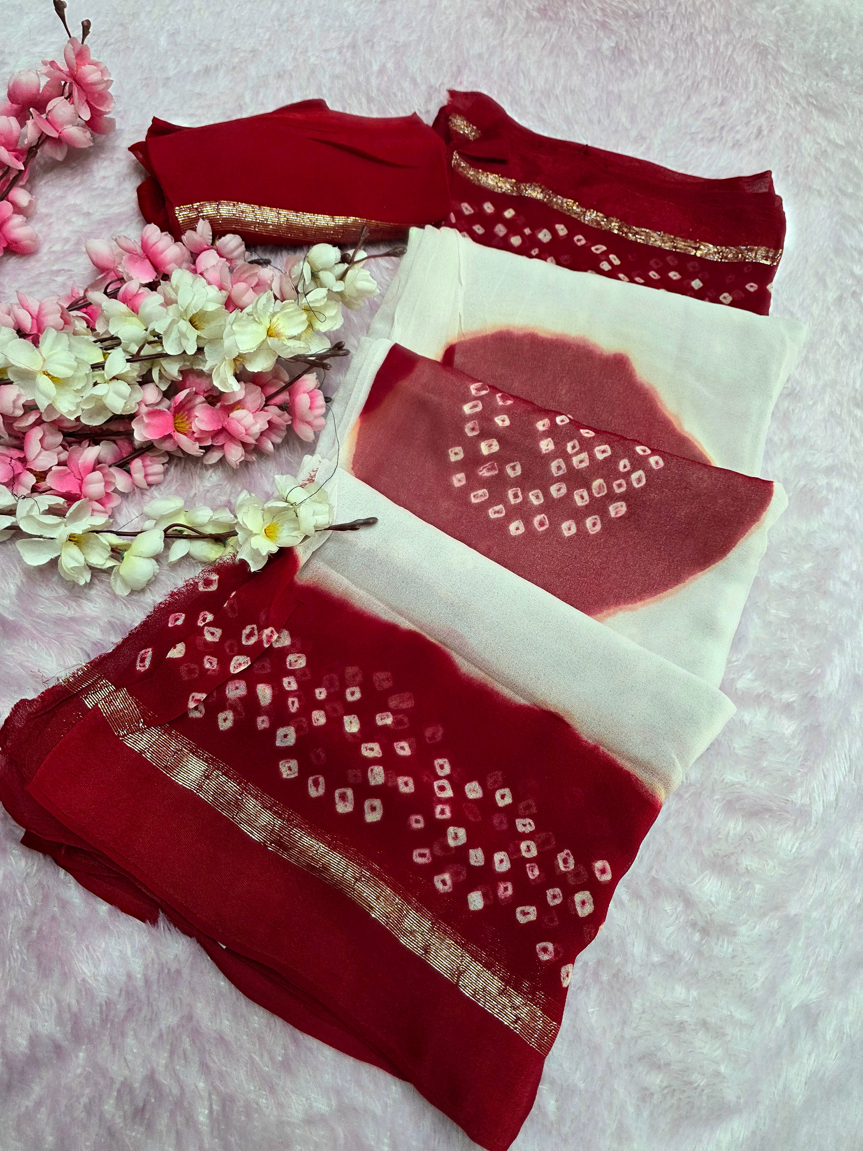 992004 Pure Viscos Georgette Red and White Hand Bandhani Saree