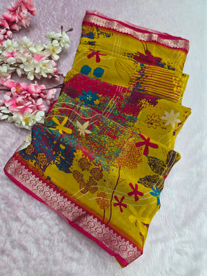 CA0717 Chitra Special Pure Chinon Silk Printed Saree Mustered