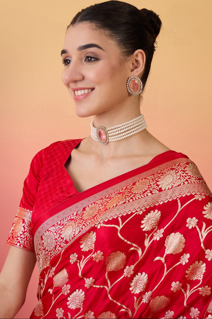 912001 Jhankar Zal Work Banarasi Satin Silk Saree - Red