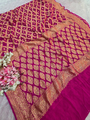 CA1527 Pure Georgette Hand Rai Bandhani Rani Color Saree