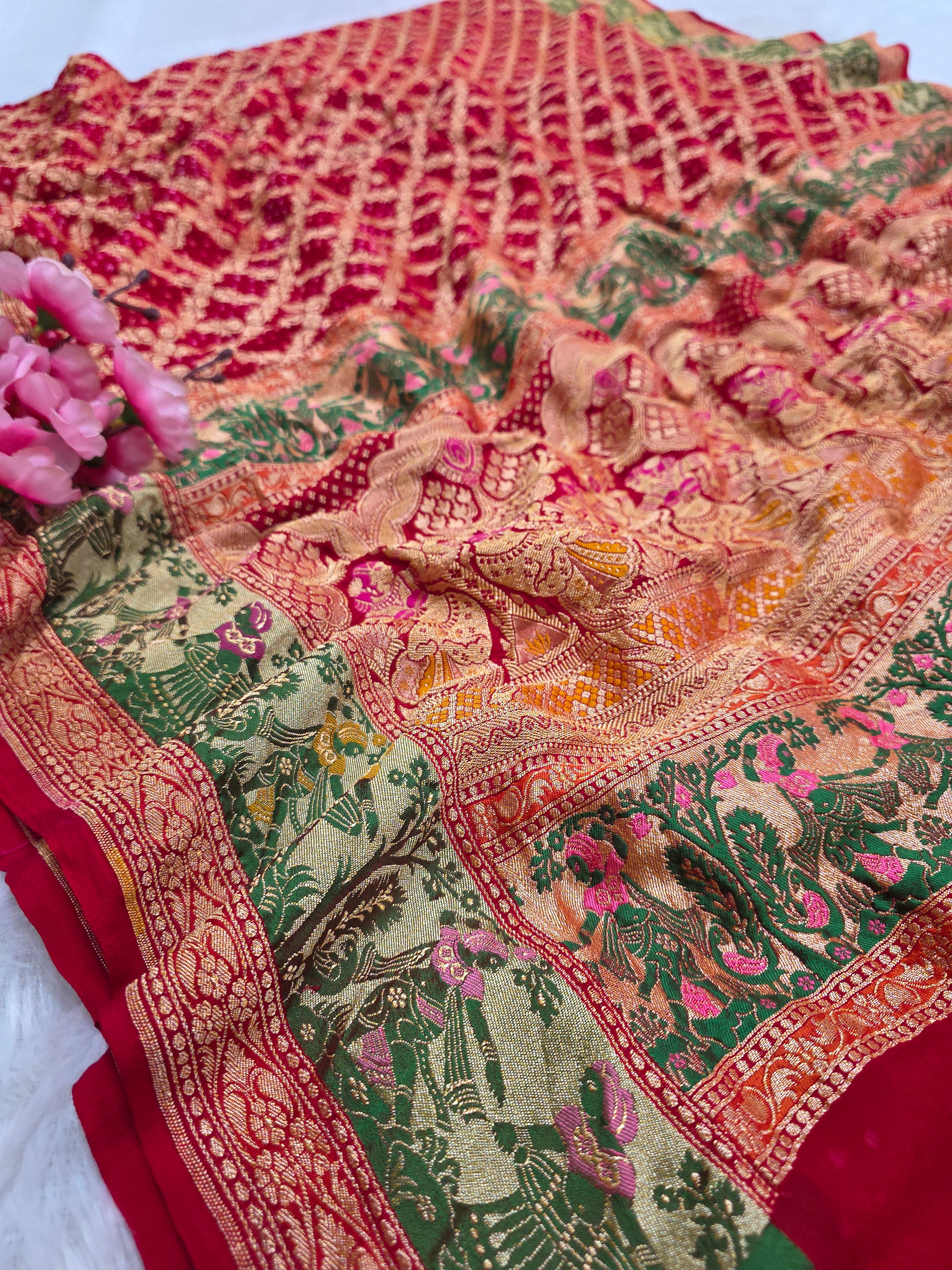 817003 Pure Georgette Hand Rai Bandhani Meenakari Red Color Saree