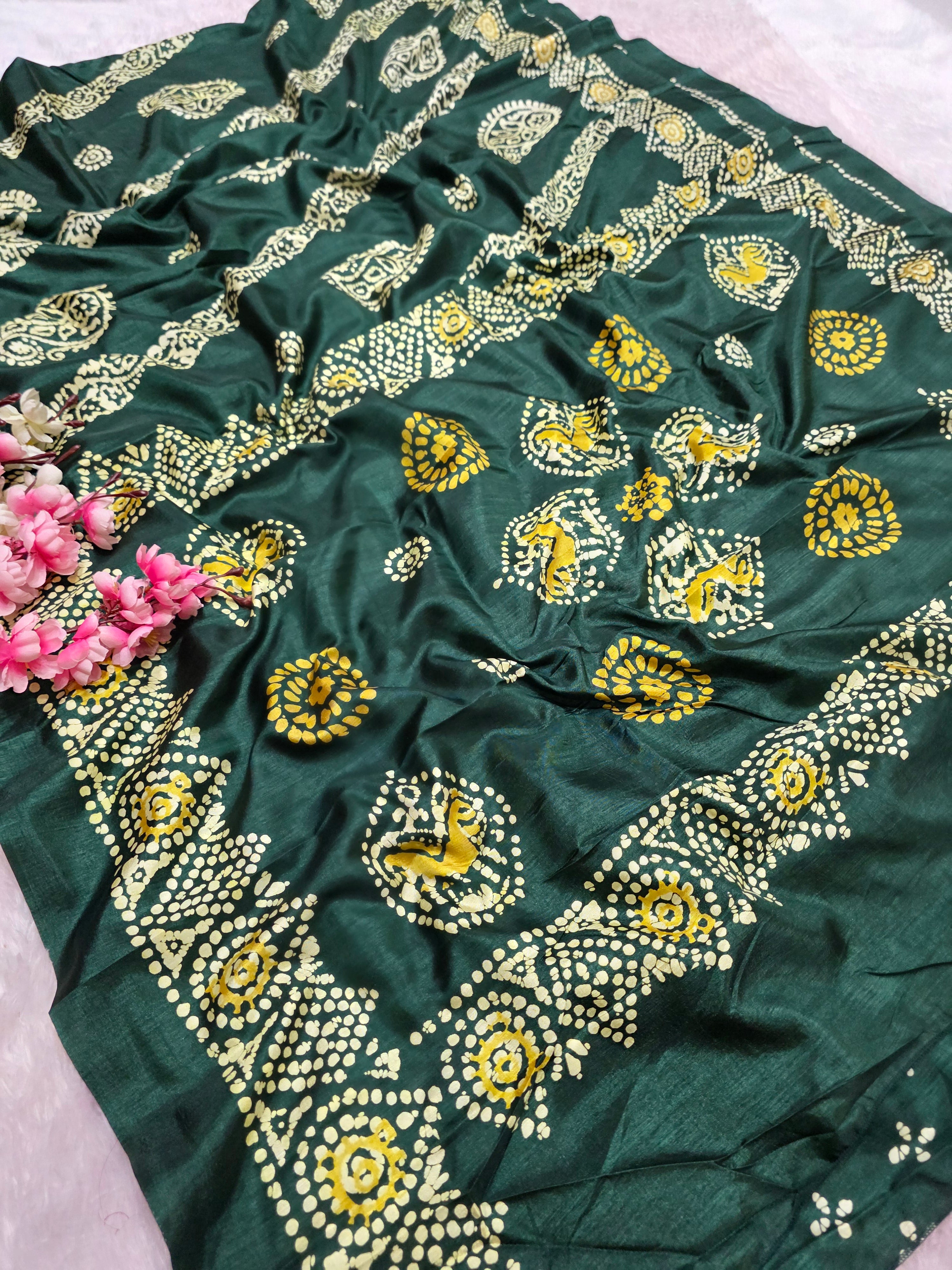 911005 Very Soft and Premium Looking Semi Dola Silk Batik Print Saree - Green