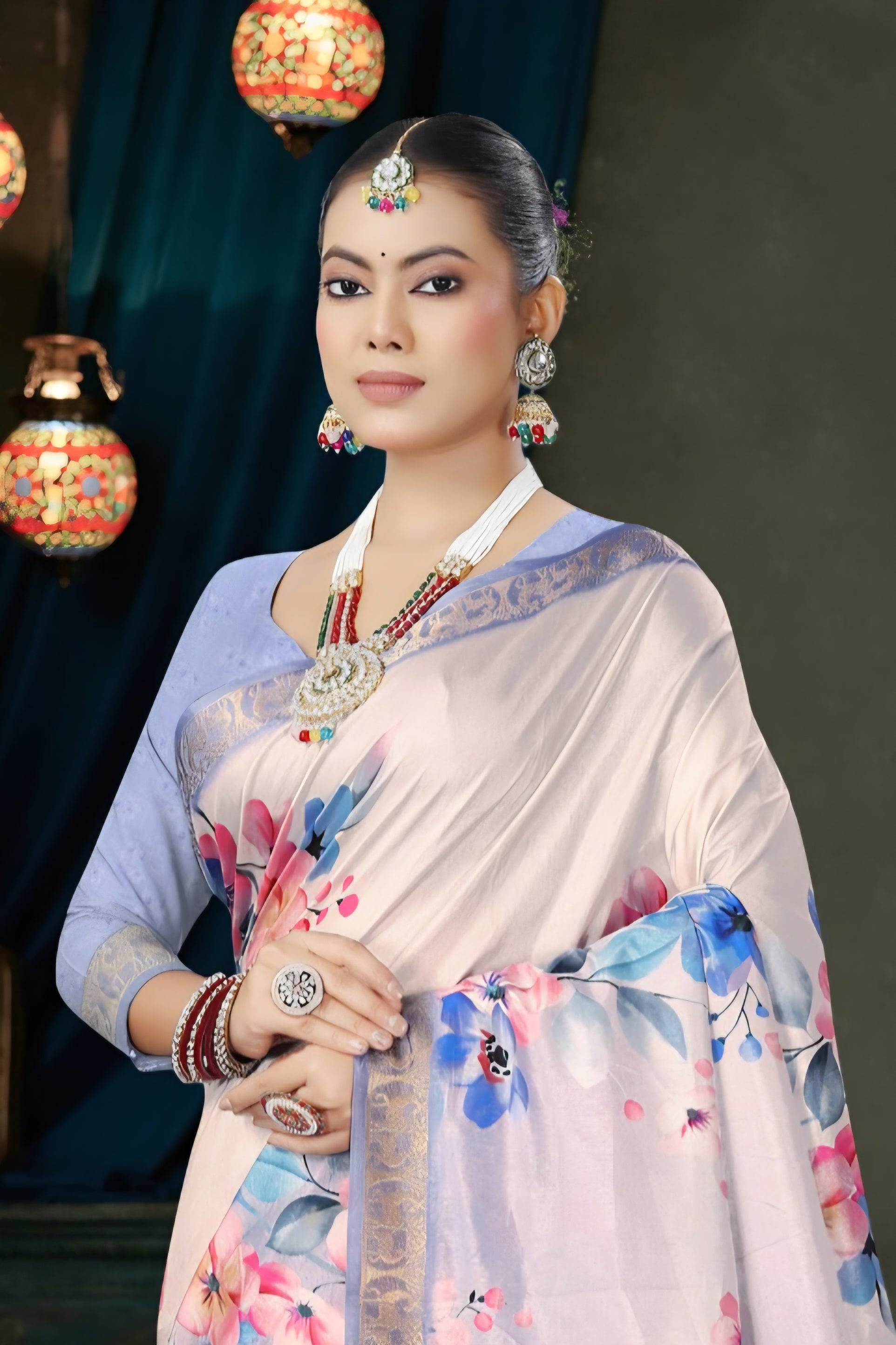 982011 Bollywood Style Soft Crepe Silk Flower Print Saree with Zari Weaving Border