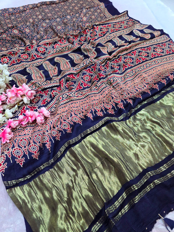 2403 Traditional Ajrakh Print Modal Silk Saree with Designer Zari Pallu