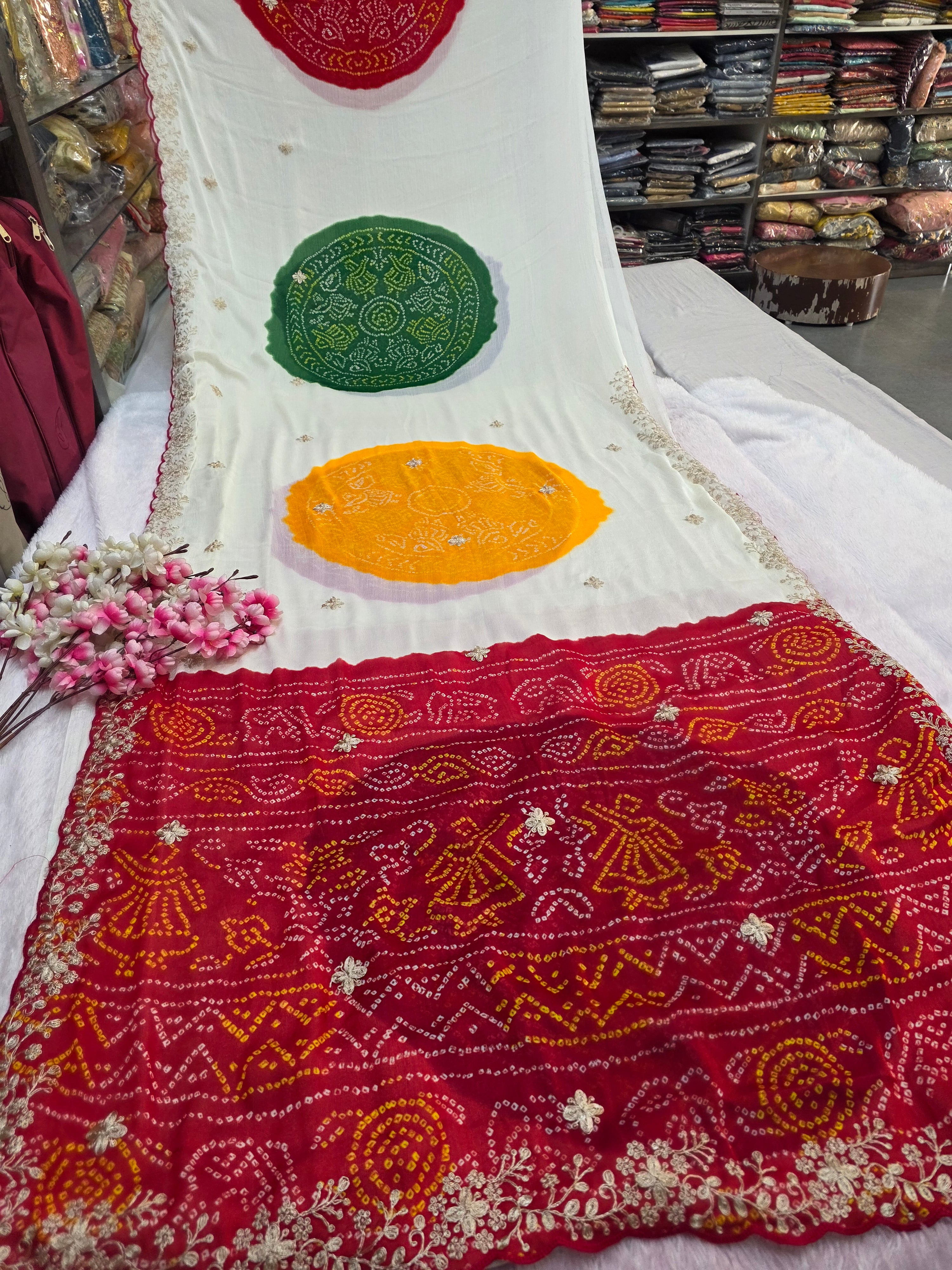 967003 Traditional Bandhani Multicolor Ghewar Georgette Saree with Pitta Work