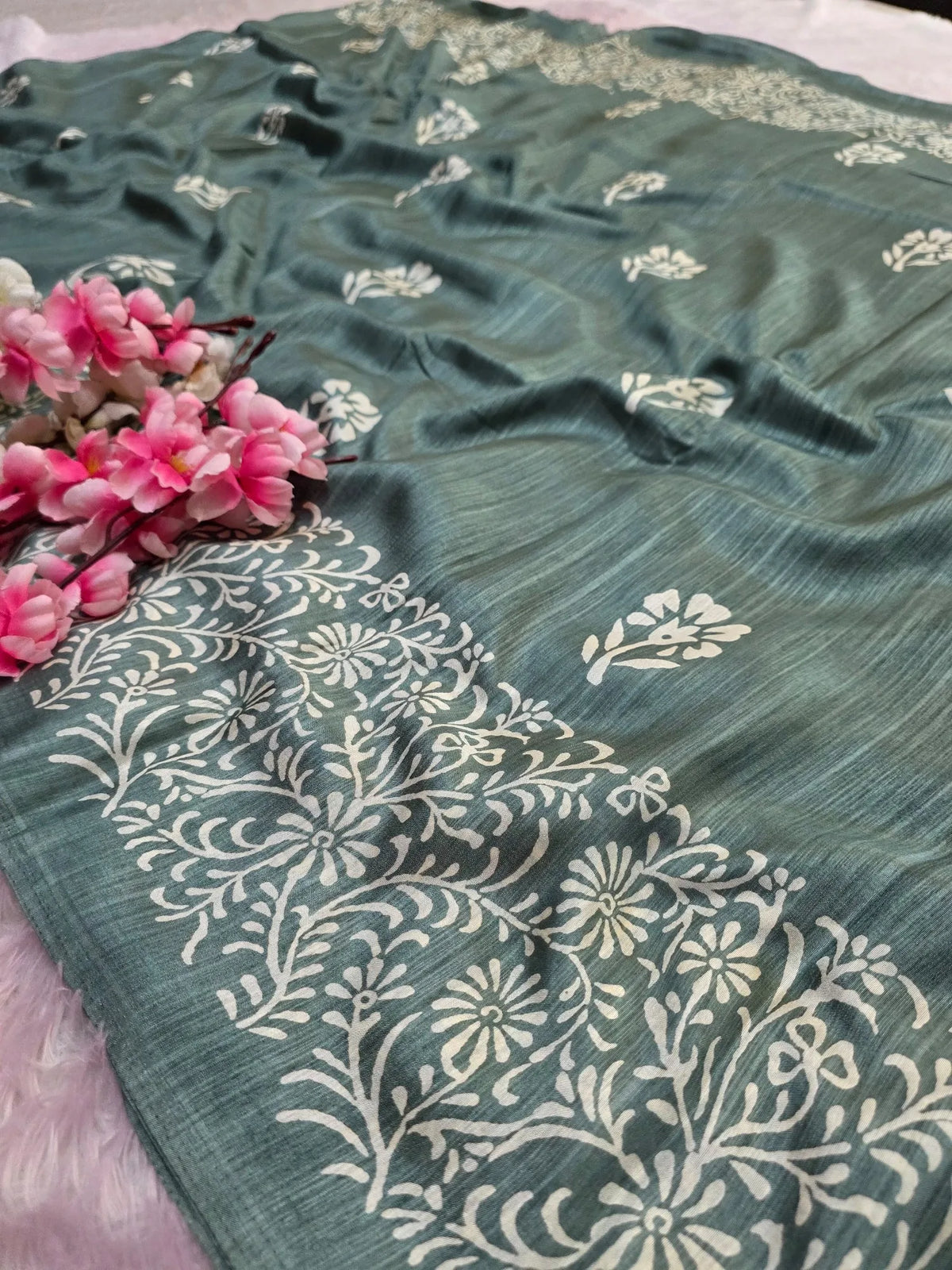 CA1524 Soft Dola Silk Block Print Saree - Green