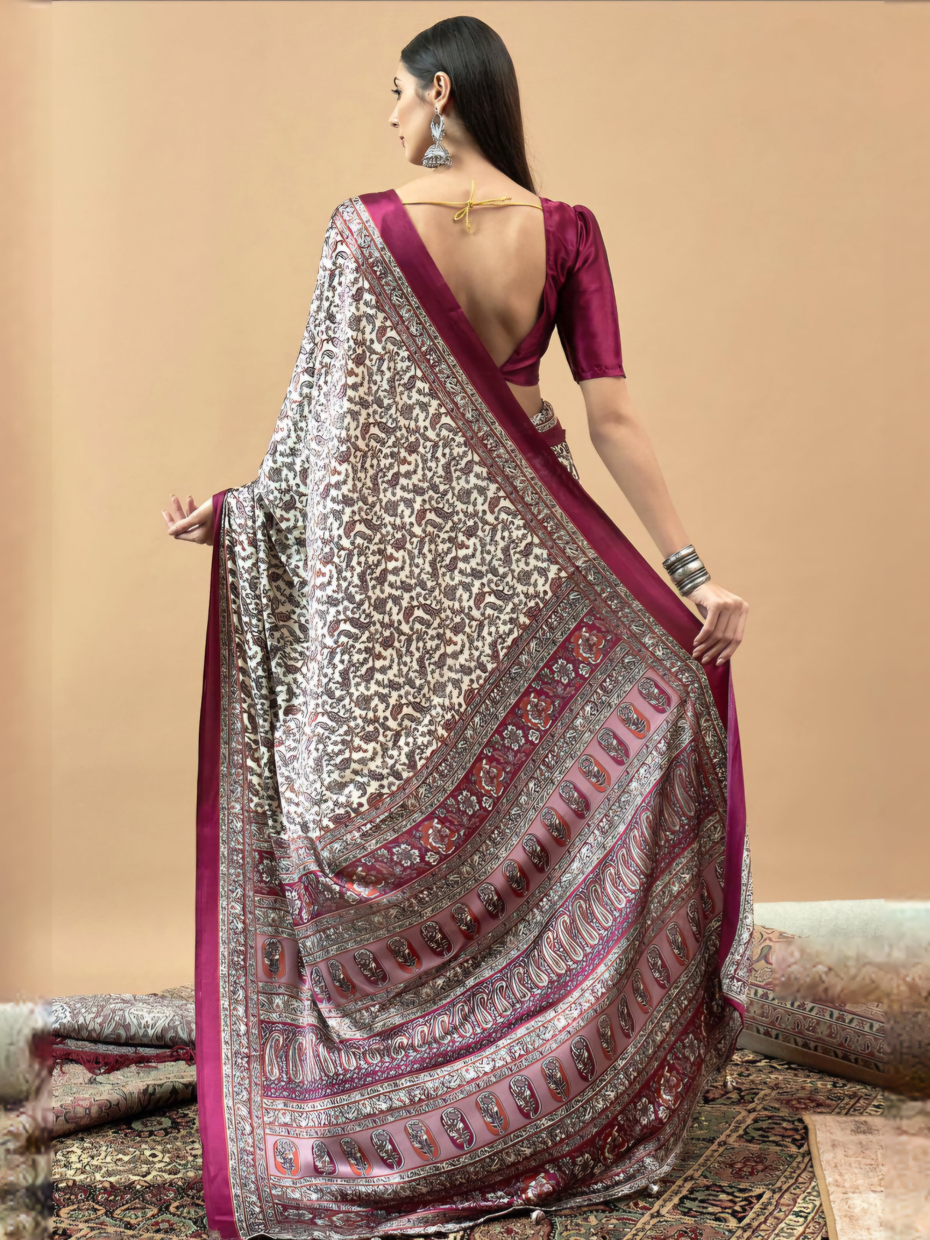 740005 Traditional Ajrakh Print Semi Modal Silk Saree - Wine